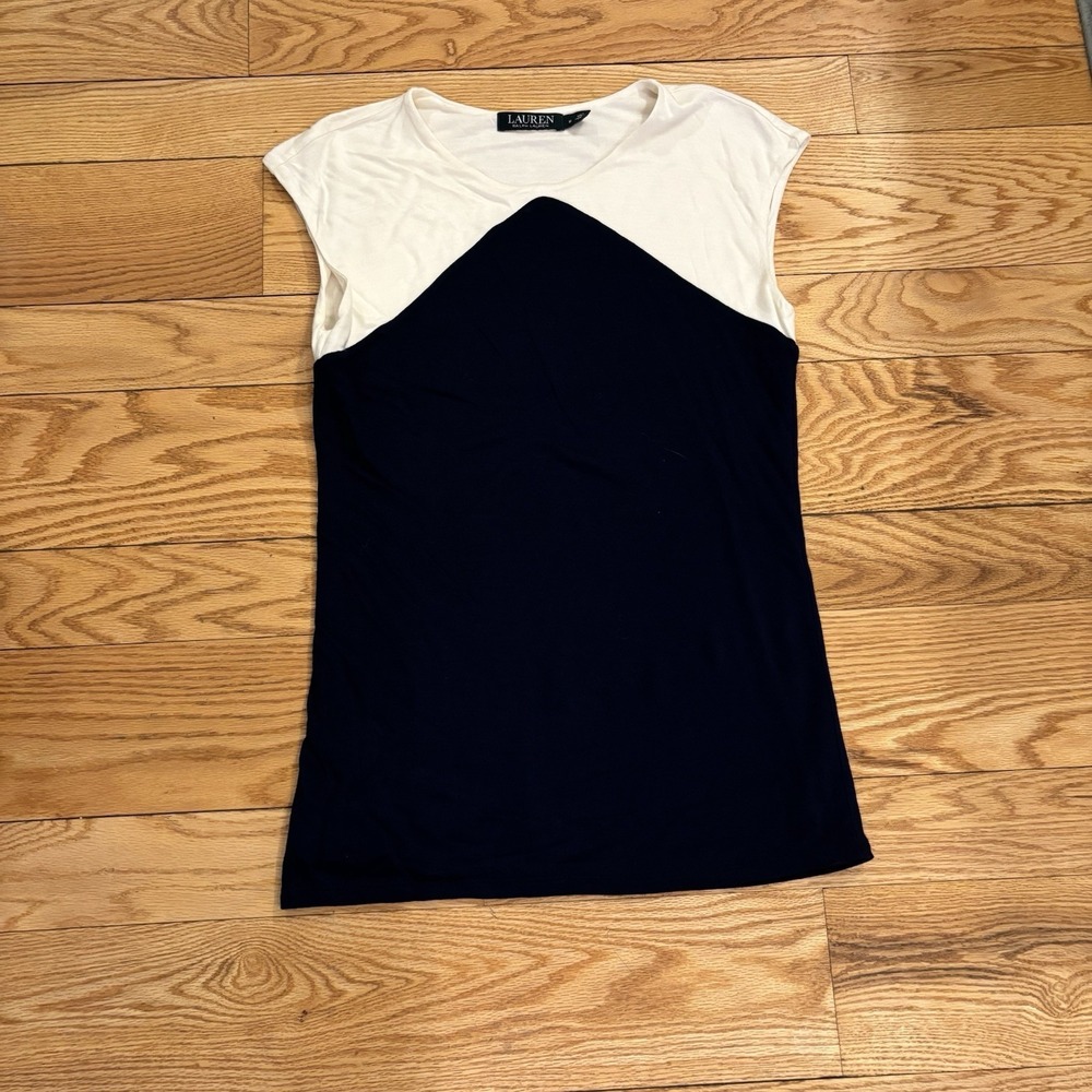Lauren Ralph Lauren Top Shirt Cap Sleeve Round Neck Navy Size M Minimalist Class